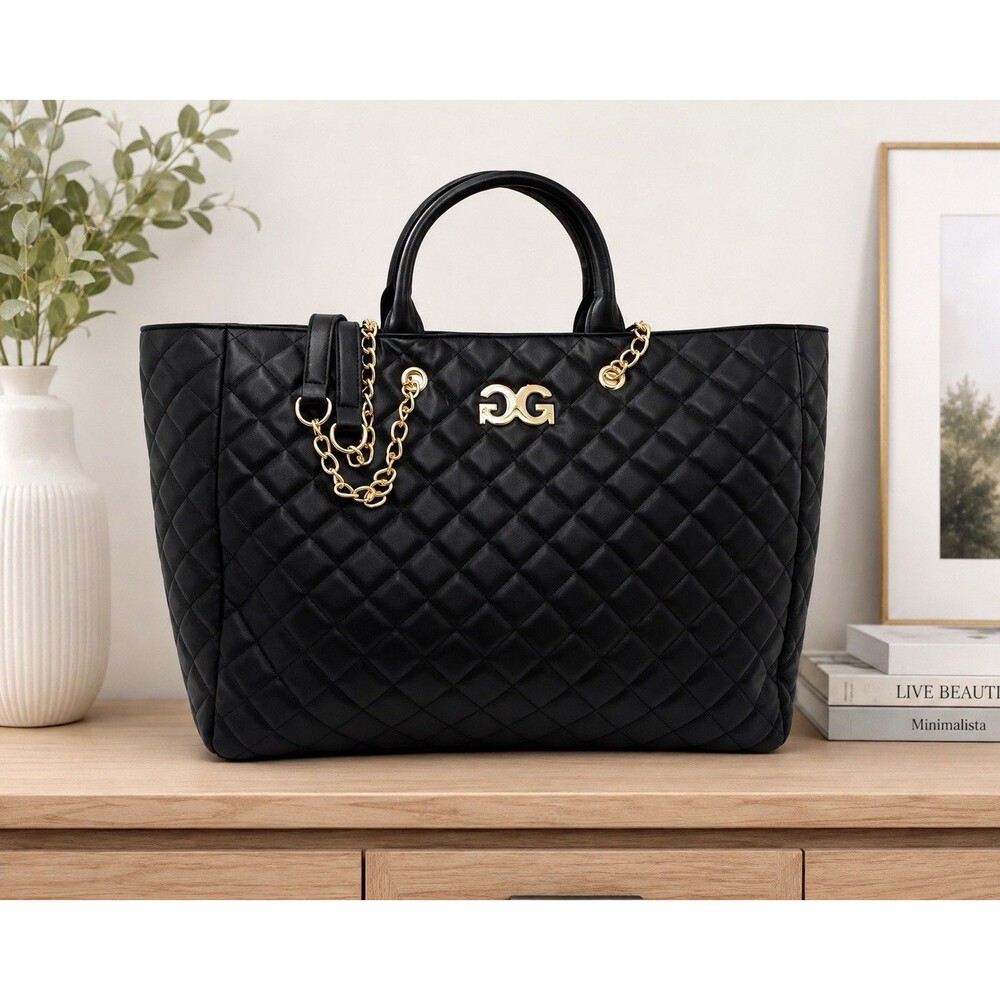 NWT Gilda Paris Black Quilted Vegan Leather LG 20x13 Tote Bag Gold Chain Strap